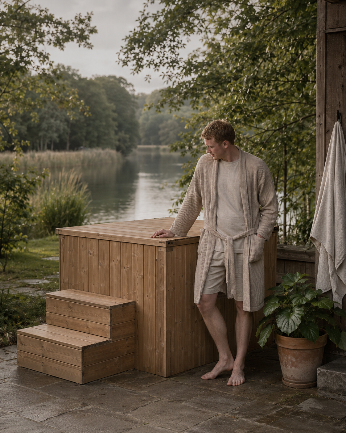 Harry using the Baltic Bath in his garden at first light