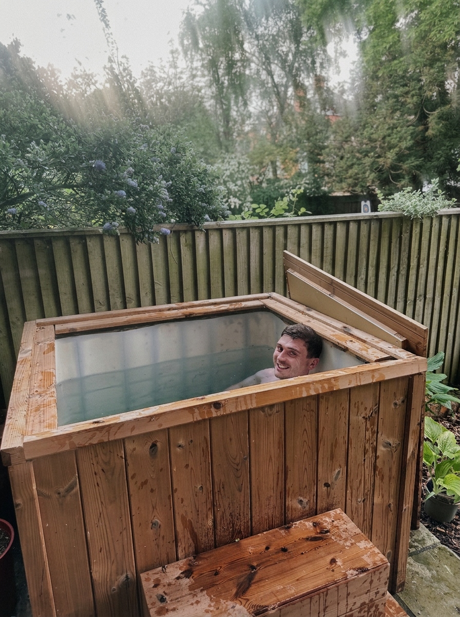 A Baltic Bath owner using the bath in his garden